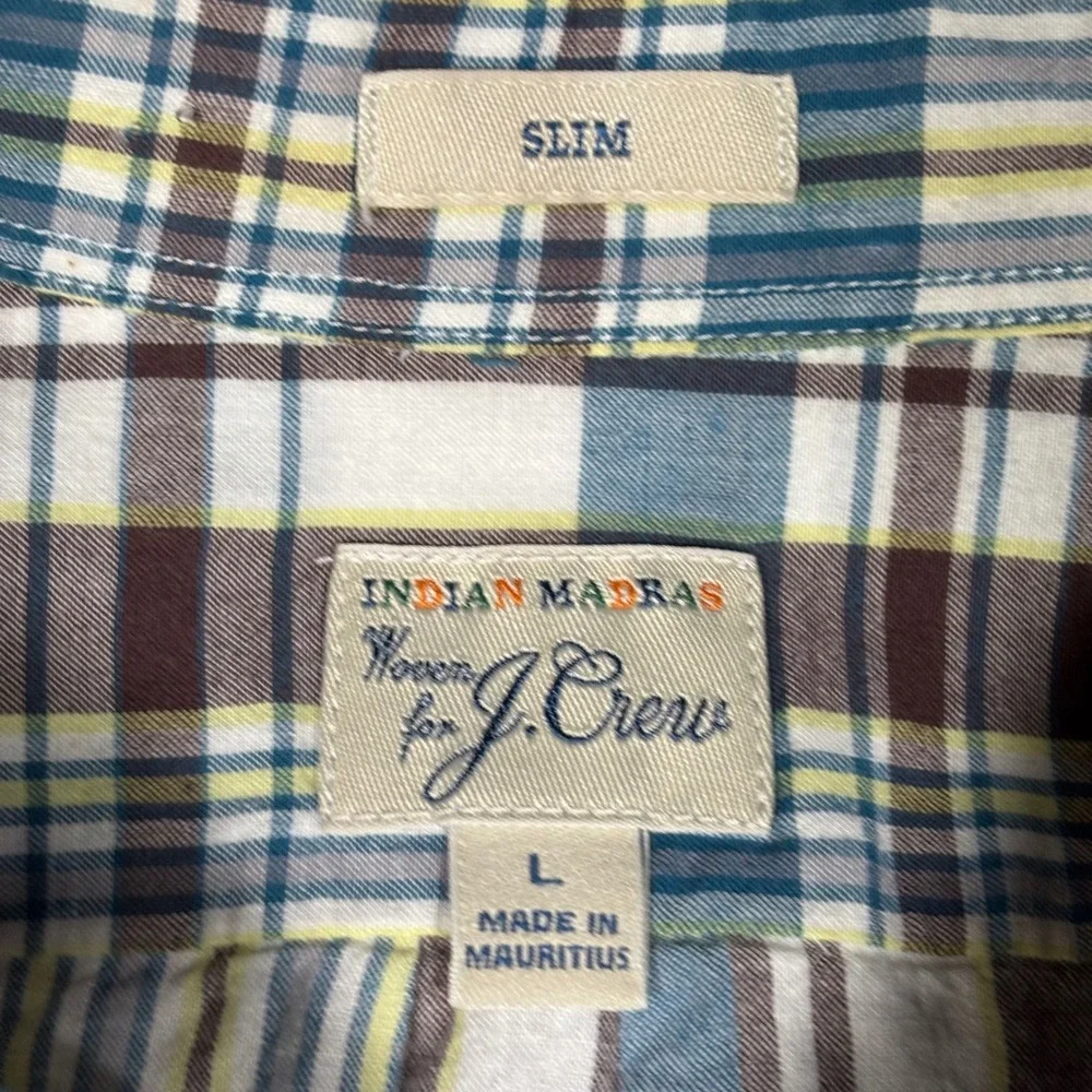 J.Crew Indian Madras Shirt Mens L Slim Blue Brown Plaid Button Up Long Sleeve